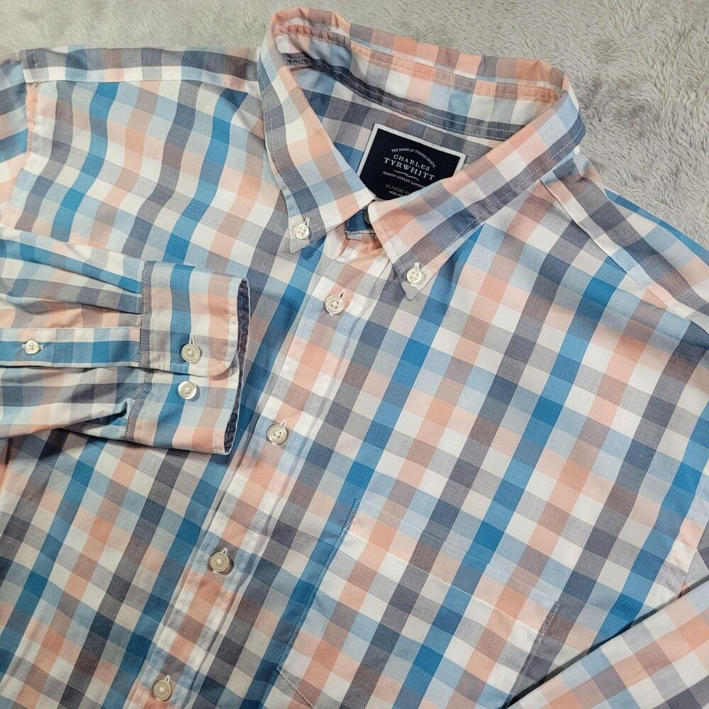 Charles Tyrwhitt Dress Shirt Mens XL Blue Check Classic Fit Non Iron Cotton